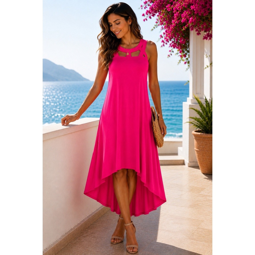 Cupio Dress L Hot Pink Hi Low‎ Swing Cutout Neck Resort Cocktail Party Midi